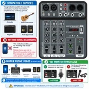 4 Channel Audio Mixer 48V Phantom Power USB Studio Sound Mixers Bluetooth DJ Console Mixing for Karaok