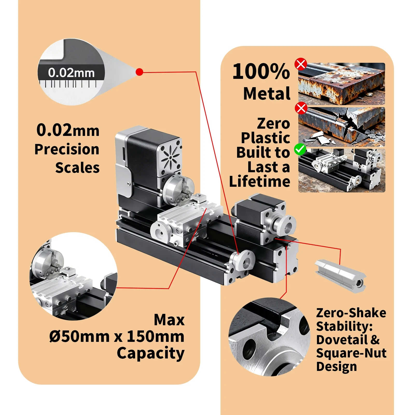 60W 20000RPM All-Metal Mini Lathe Machine, 0.02mm Precision DIY Miniature Turning Lathe for Wood Copper Aluminum - Image 3
