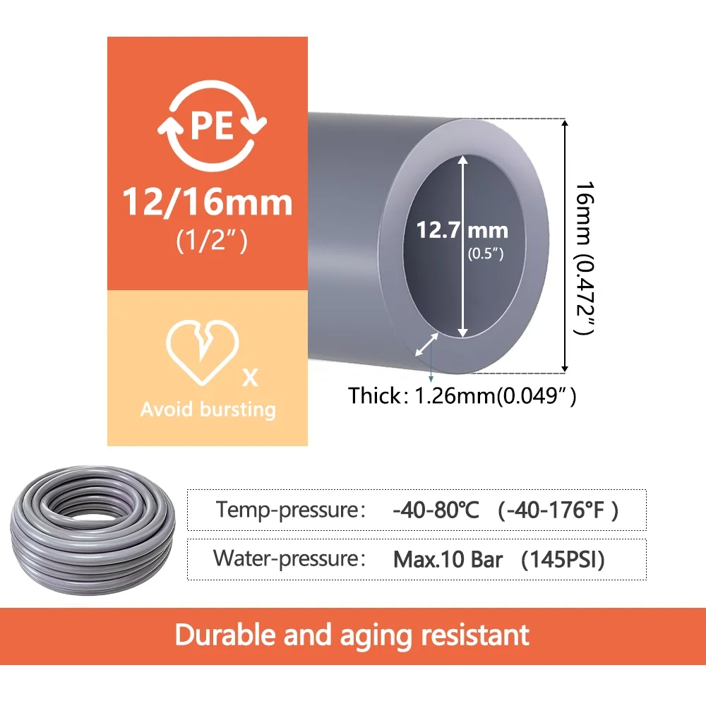 Gray PE Hose 1/4 3/8 1/2 Inch 10M 20M 30M For Home Garden Greenhouse Drip Irrigation Pipe OD 6mm 12mm 16mm Watering Tube System - Image 9